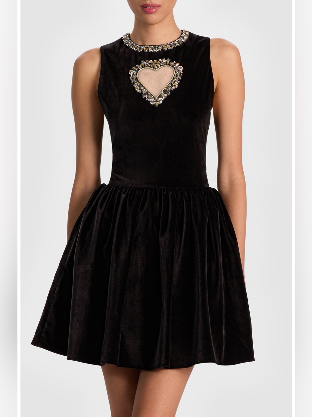 Alice + Olivia Ella Crystal Embellished Illusion Heart Cutout Velvet Mini Dress